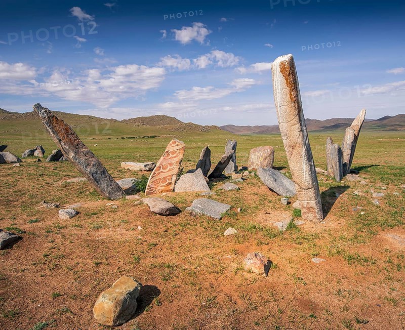 Old deer stones with deer pictures. Bayanhongor Province