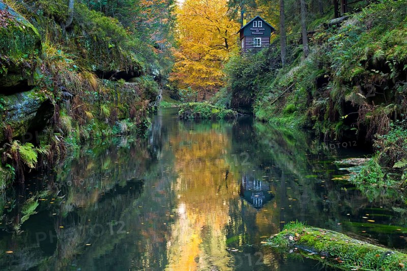 Autumn in the Edmundsklamm gorge with the river Kamenice