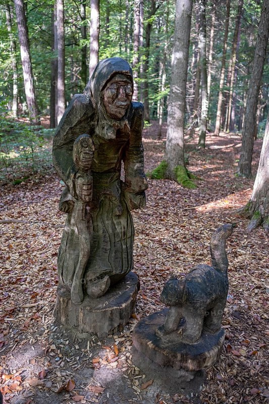 Witch figure and cat in the magic forest Fichtenau-Wildenstein