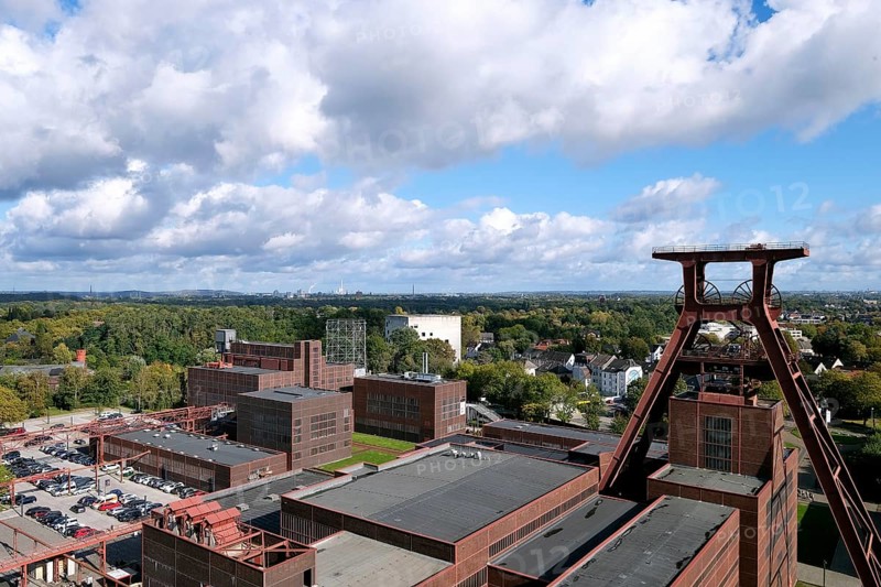 View from the roof terrace of the visitor centre onto the grounds of the Zollverein Coal Mine Industrial Complex with the winding tower