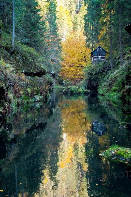 Autumn in the Edmundsklamm gorge with the river Kamenice