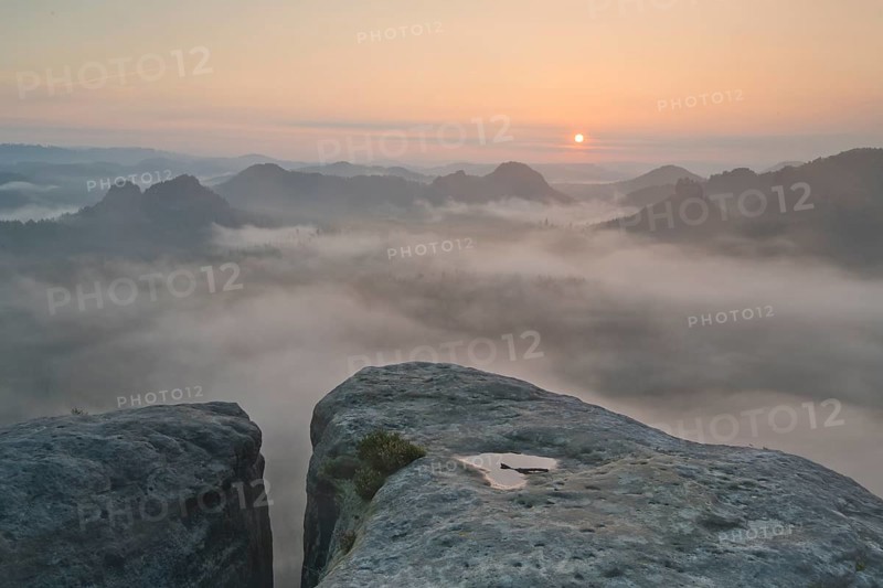 View from Kleiner Winterberg at sunrise View of Lorenzsteine and Hinteres Raubschloss or Winterstein