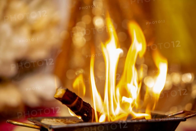 Close up of the offerings of Yajna at a Hindu wedding in Beau-Bassin