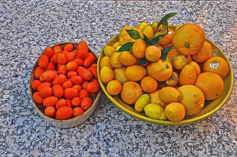 Citrus fruits in bowls on granite tabletop