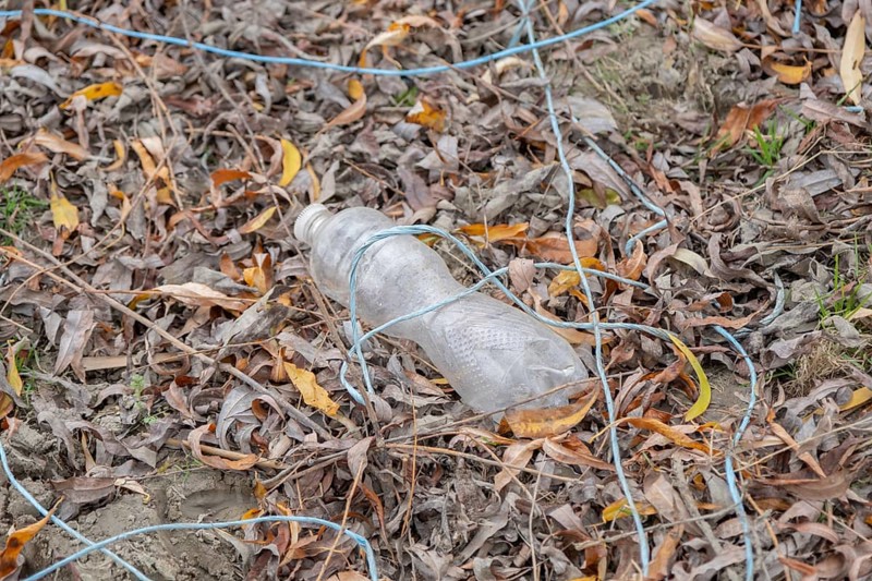 Discarded plastic bottles in a meadow in the shore zone. Ermakov island