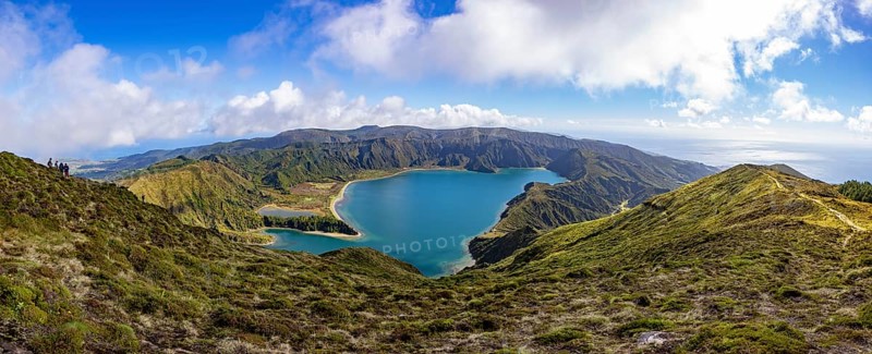 View from the summit of Pico Barrosa to the crater lake Lagoa do Fogo