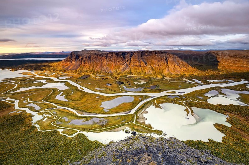 View from Skierffe mountain over the autumnal Rapadalen river delta