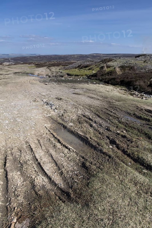 Erosion damage on an upland moor from vehicles and walkers. Swaledale