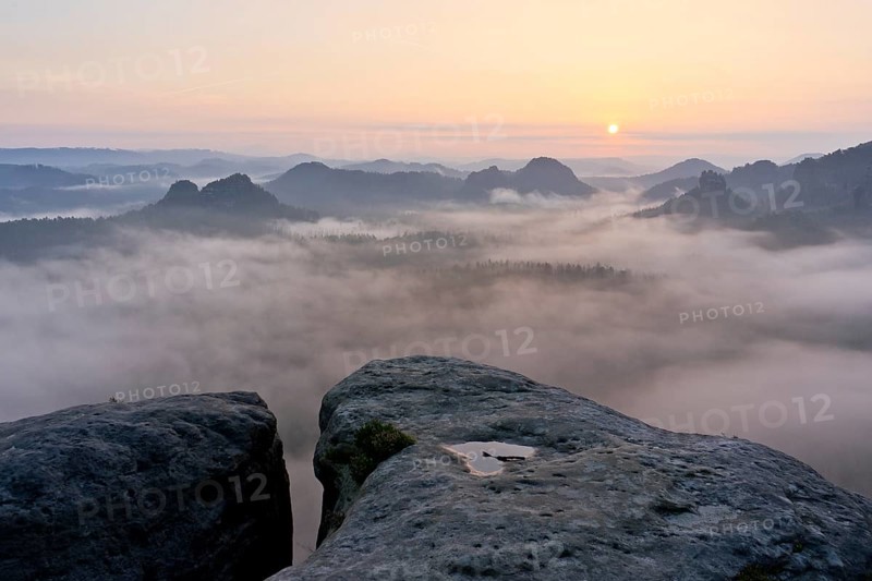 View from Kleiner Winterberg at sunrise View of Lorenzsteine and Hinteres Raubschloss or Winterstein
