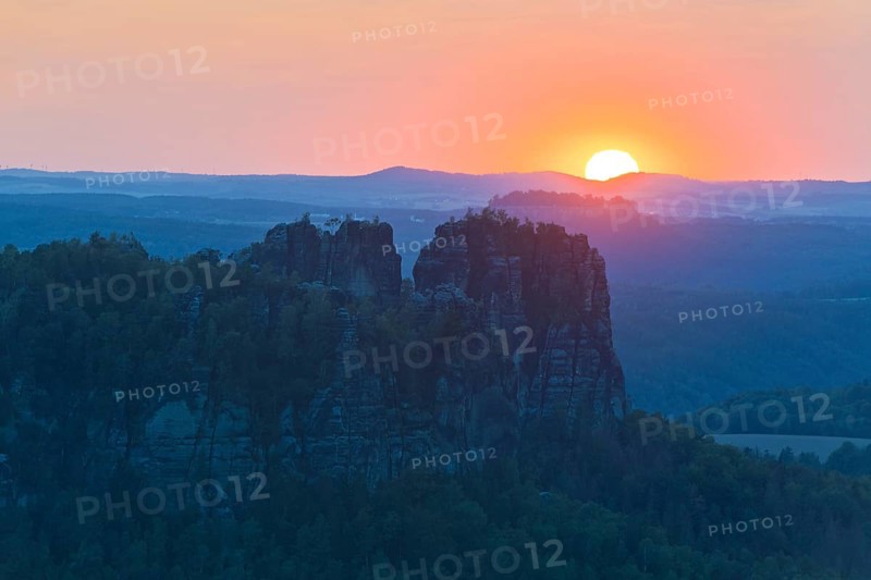 View from Carola Rock over Elbe Sandstone Mountains with Schrammsteine