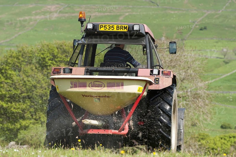 Speading fertiliser on a traditional Dales meadow with a Case International tractor. Hawes
