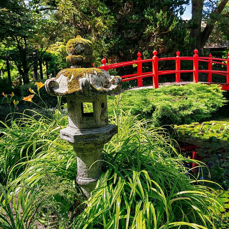 Japanese Garden with Stone Lantern and Red Bridge