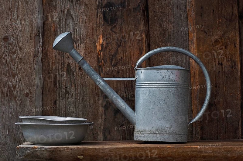 Zinc watering can and zinc bowls on wooden bench in front of wooden wall
