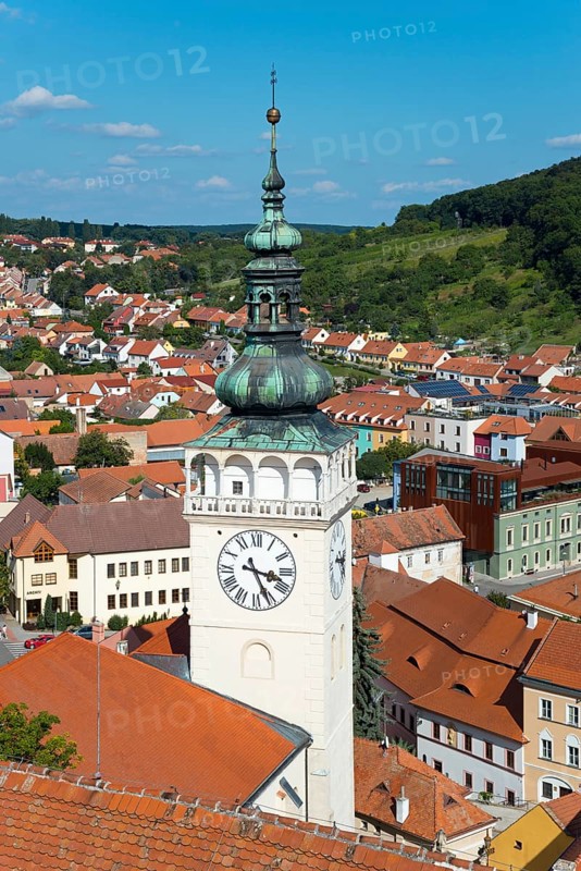 View from the border tower of the chateau to the old town with St. Wenceslas Church