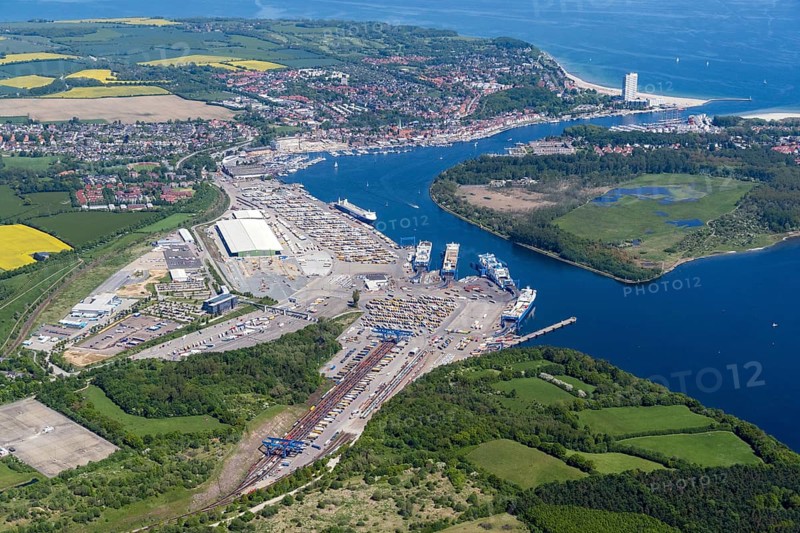 Aerial view of Travemuende Harbour to the mouth of the Baltic Sea at Travemuende