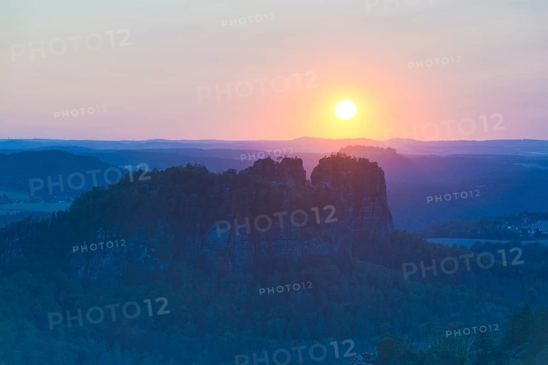 View from Carola Rock over Elbe Sandstone Mountains with Schrammsteine