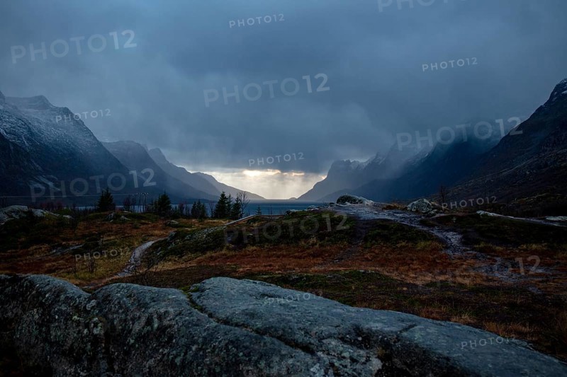 View over Ersfjordbotn in autumn at dusk