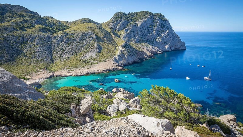 Panoramic view of rocky cliff and Mediterranean Sea