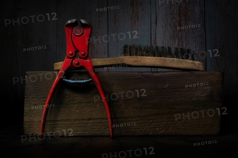 Still Life with Pliers and Wire Brush on Wooden Block