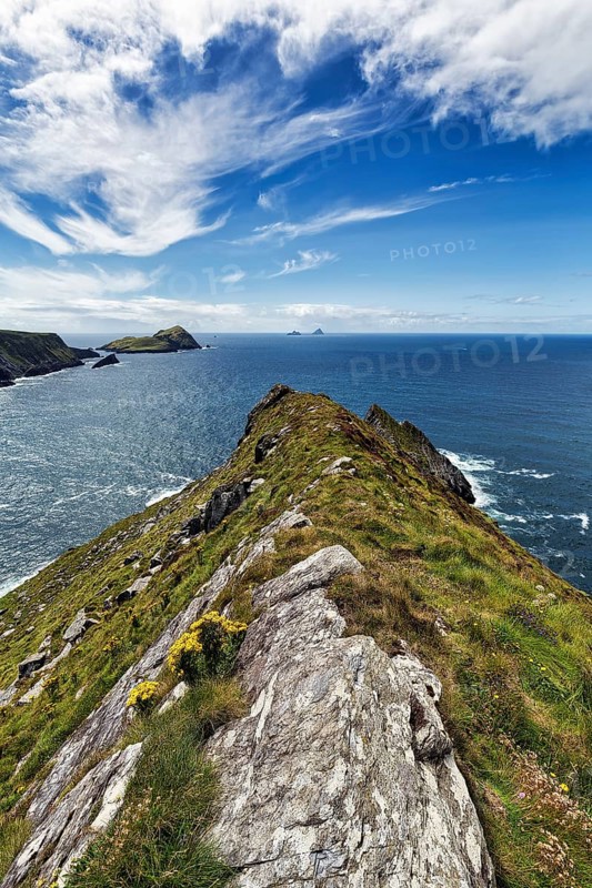 Cliffs with view of the Skellig Islands on the horizon