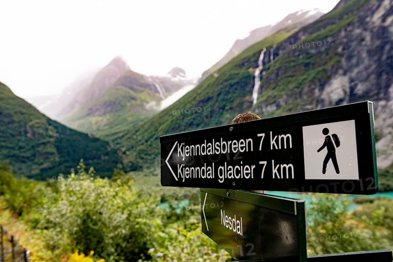 Sign at Lovatnet near Loen near the glacier Kjenndalsbreen