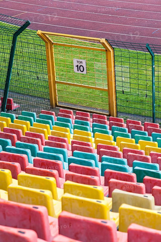 Colourful seats for the spectators at Friedrich Ludwig Jahn Sportpark