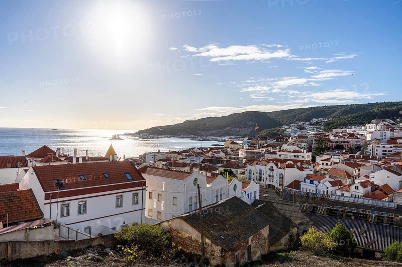 Sesimbra cityscape with historic old town and Atlantic ocean