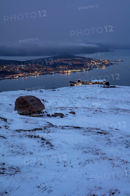 View over Tromso Bay with Fjellheisen cable car station at Storsteinen