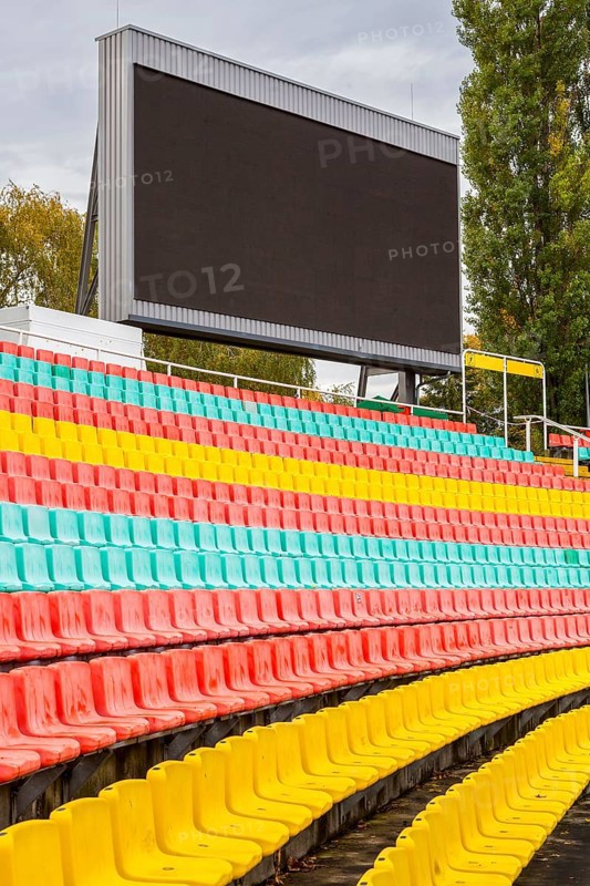 Colourful seats for the spectators at Friedrich Ludwig Jahn Sportpark