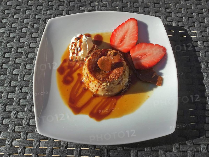 Plate with caramel egg custard
