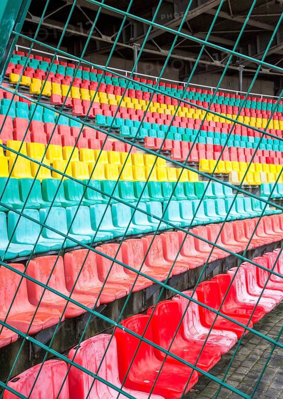 Colourful seats for the spectators at Friedrich Ludwig Jahn Sportpark
