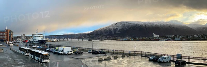 At the harbour with view to the Ice Sea Cathedral and the cable car station Fjellheisen at Storsteinen