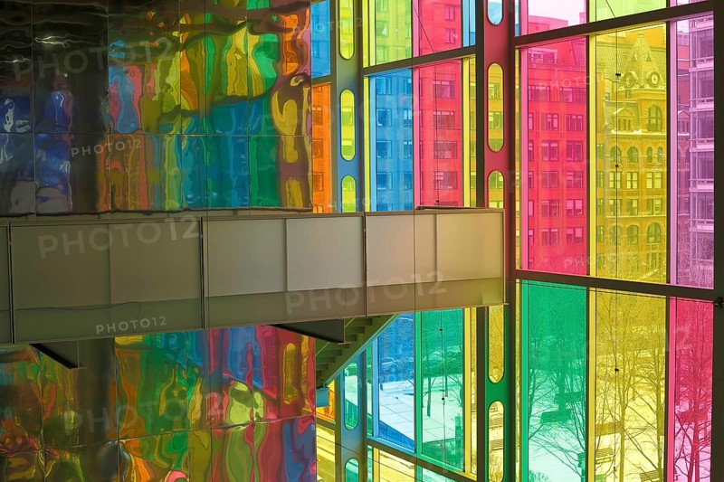 Colorful windows in the foyer of the Palais des congres de Montreal convention centre