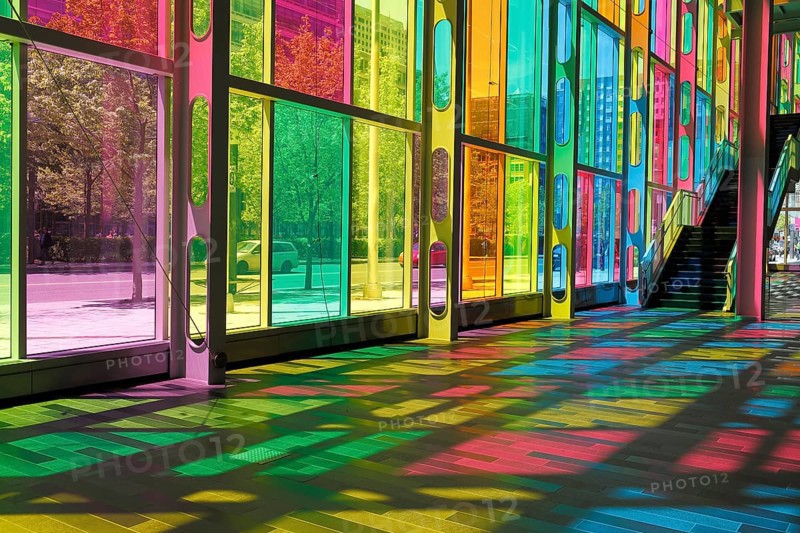 Colorful reflections in the foyer of the Palais des congres de Montreal convention centre