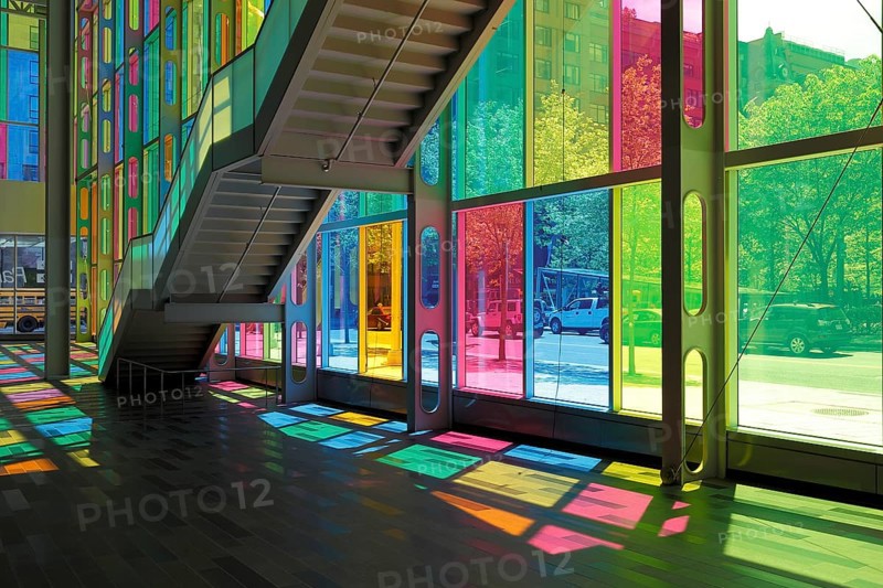 Colorful reflections in the foyer of the Palais des congres de Montreal convention centre