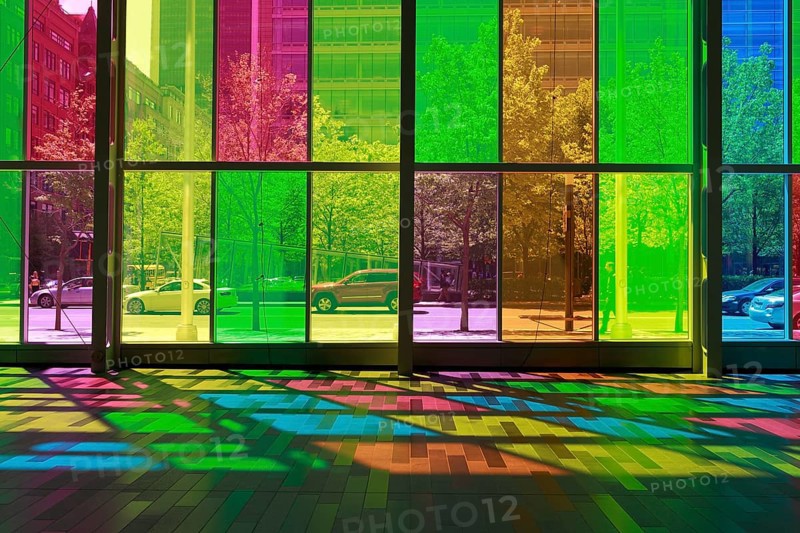 Colorful reflections in the foyer of the Palais des congres de Montreal convention centre