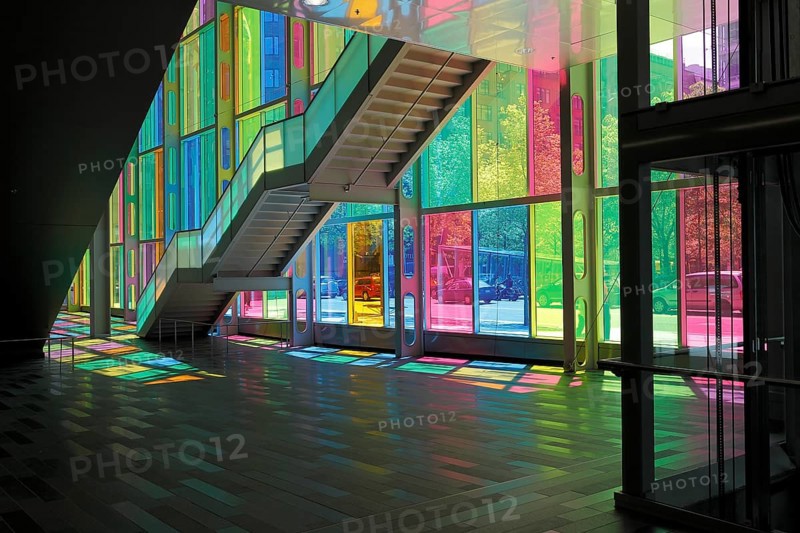 Colorful reflections in the foyer of the Palais des congres de Montreal convention centre