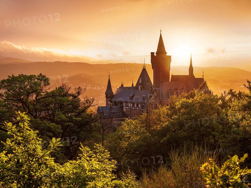 View from Agnesberg on Wernigerode Castle at sunset