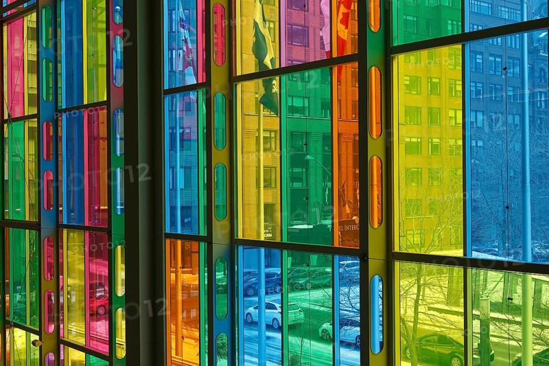 Colorful windows in the foyer of the Palais des congres de Montreal convention centre
