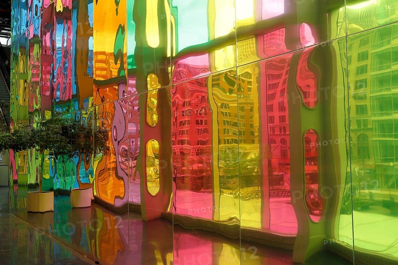 Colorful reflections in the foyer of the Palais des congres de Montreal convention centre