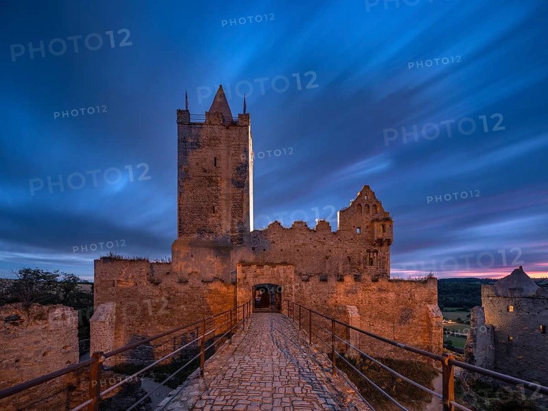 Rudelsburg castle ruins in the Saale valley near Bad Koesen at dusk