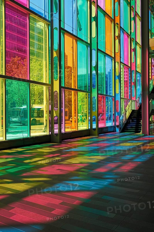 Colorful reflections in the foyer of the Palais des congres de Montreal convention centre