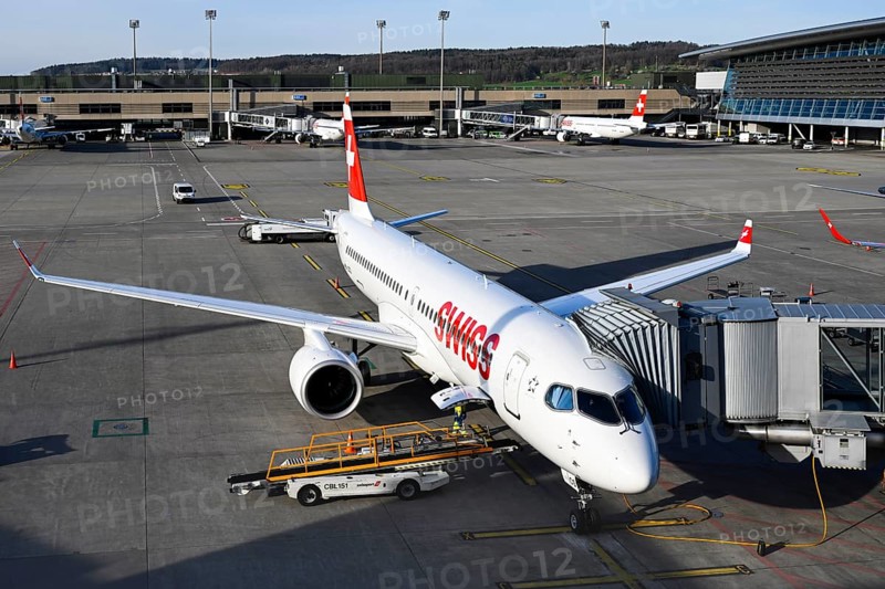 Zurich Airport with aircraft Swiss Airbus A220-300 HB-JCS