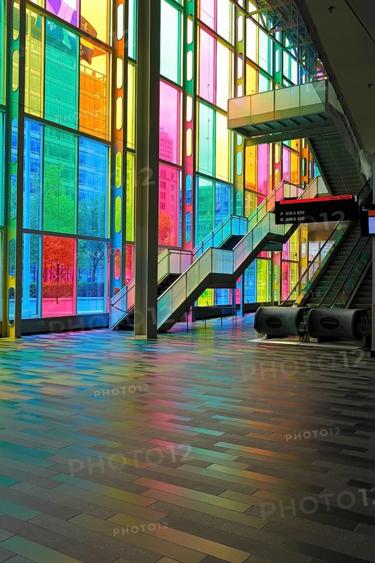 Colorful reflections in the foyer of the Palais des congres de Montreal convention centre