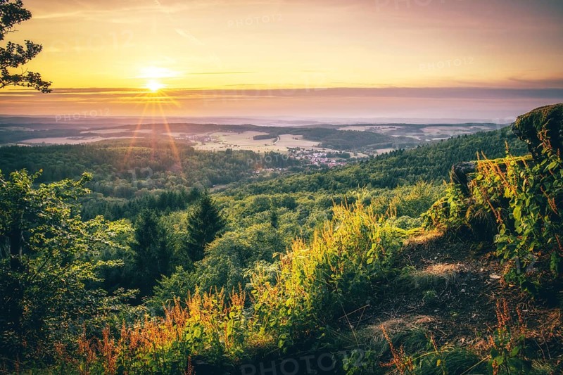 View at sunset from the slate rock Grossen Zacken in the Taunus