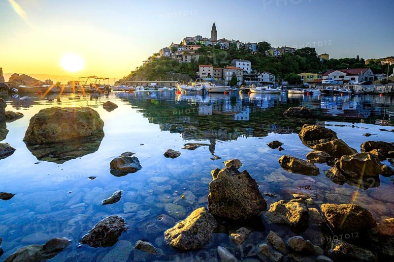 Historical village by the sea. Bay with harbour in the morning