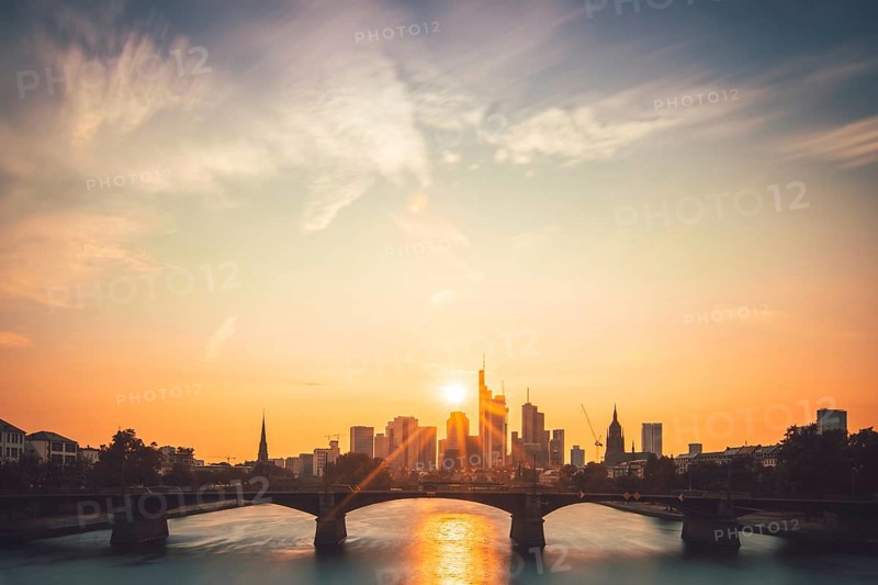 Skyline and banking district at sunset