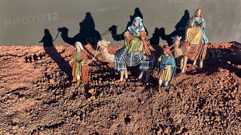 Nativity figures with camels cast shadows on a wall