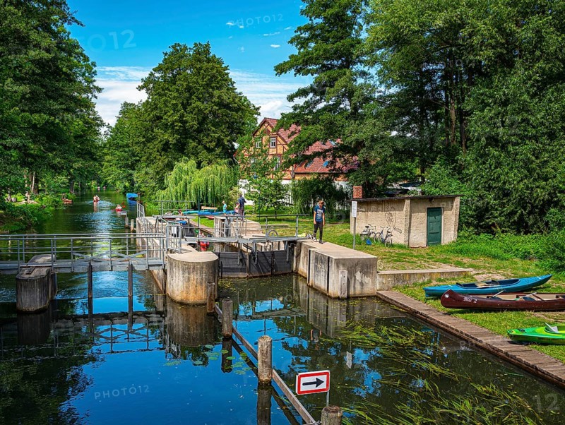Recreational sportsman with canoe at the Dubkower lock in the Spreewald