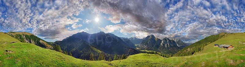 360 panorama from the Hasentalalm with view into the narrow valley to the Grosser Ahornboden and the Karwendel peaks of Sonnjoch